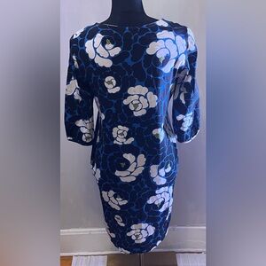 Marimekko Koli Floral Shift Dress Blue & White 3/4 Sleeves Size Small